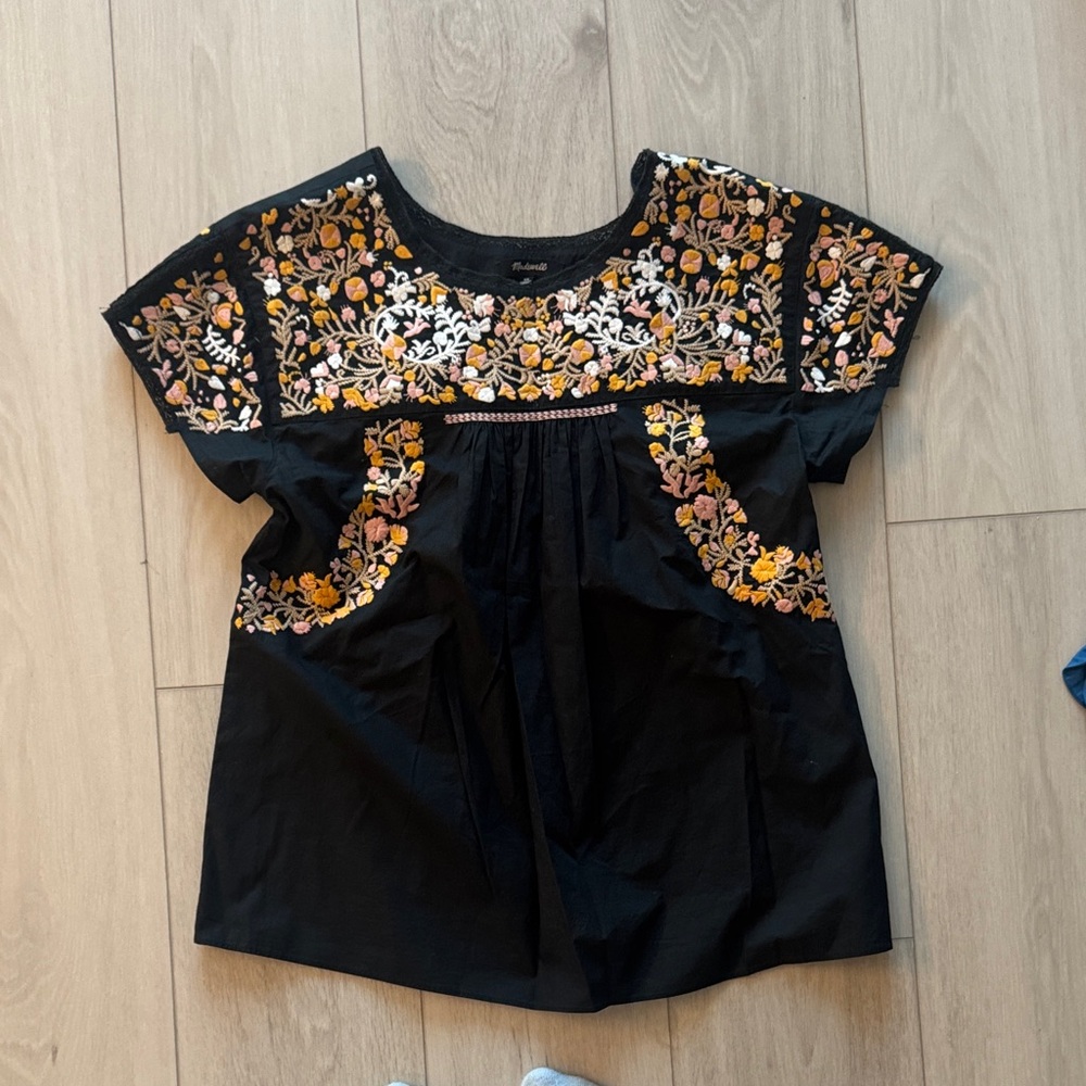 Madewell Black Top with Floral Embroidery
